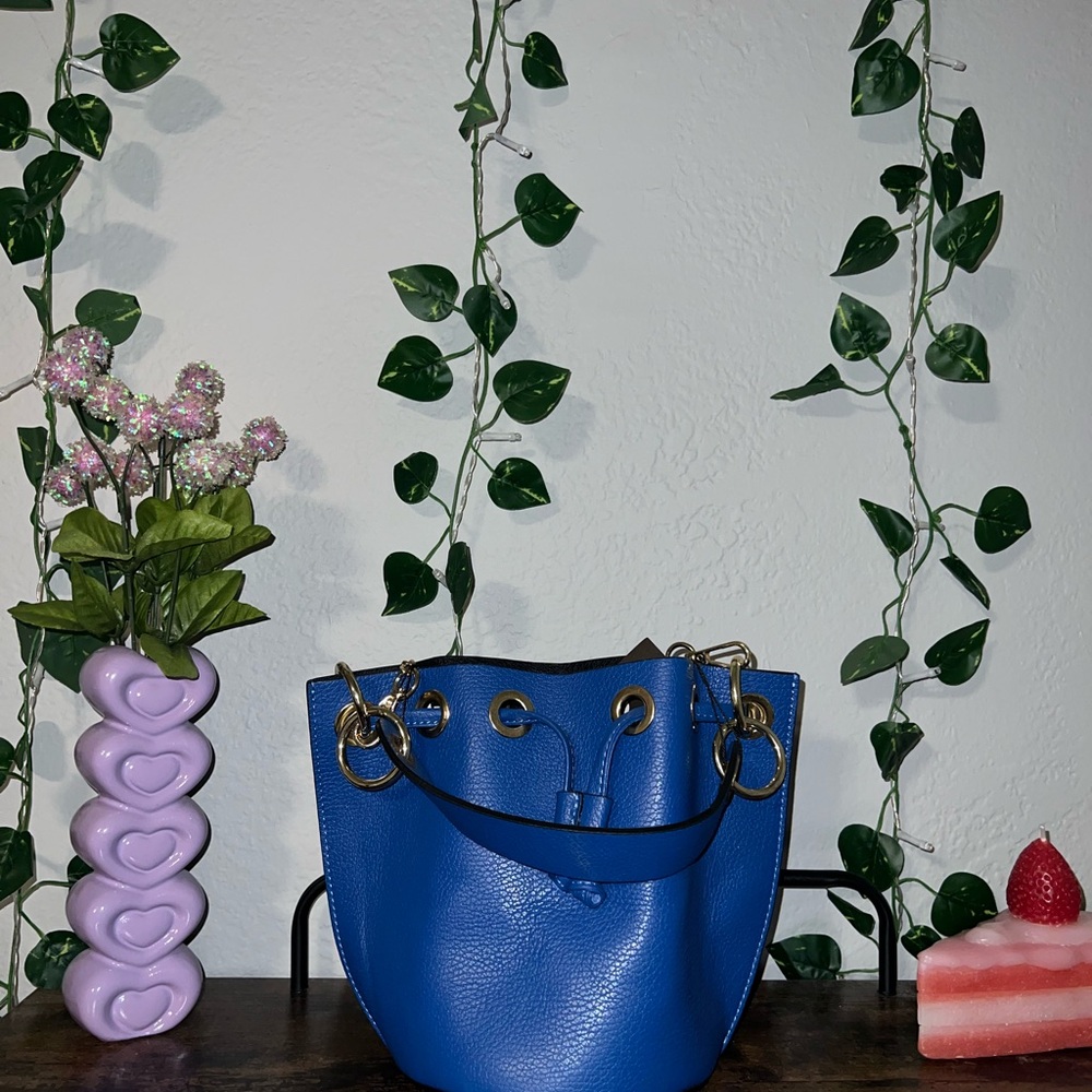 Vibrant Blue Bucket Bag with Gold Accents